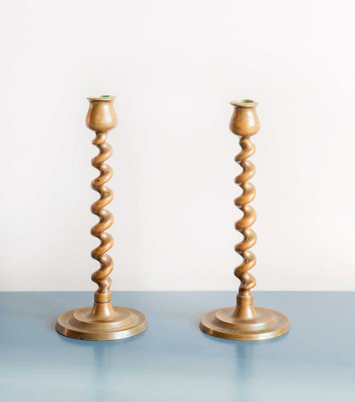 Brass Barley Twist Candle Holders, Two English Victorian Turned Candlesticks, Patina, Antique Twisted Golden Candelabra, Rustic Home Decor photo furniture