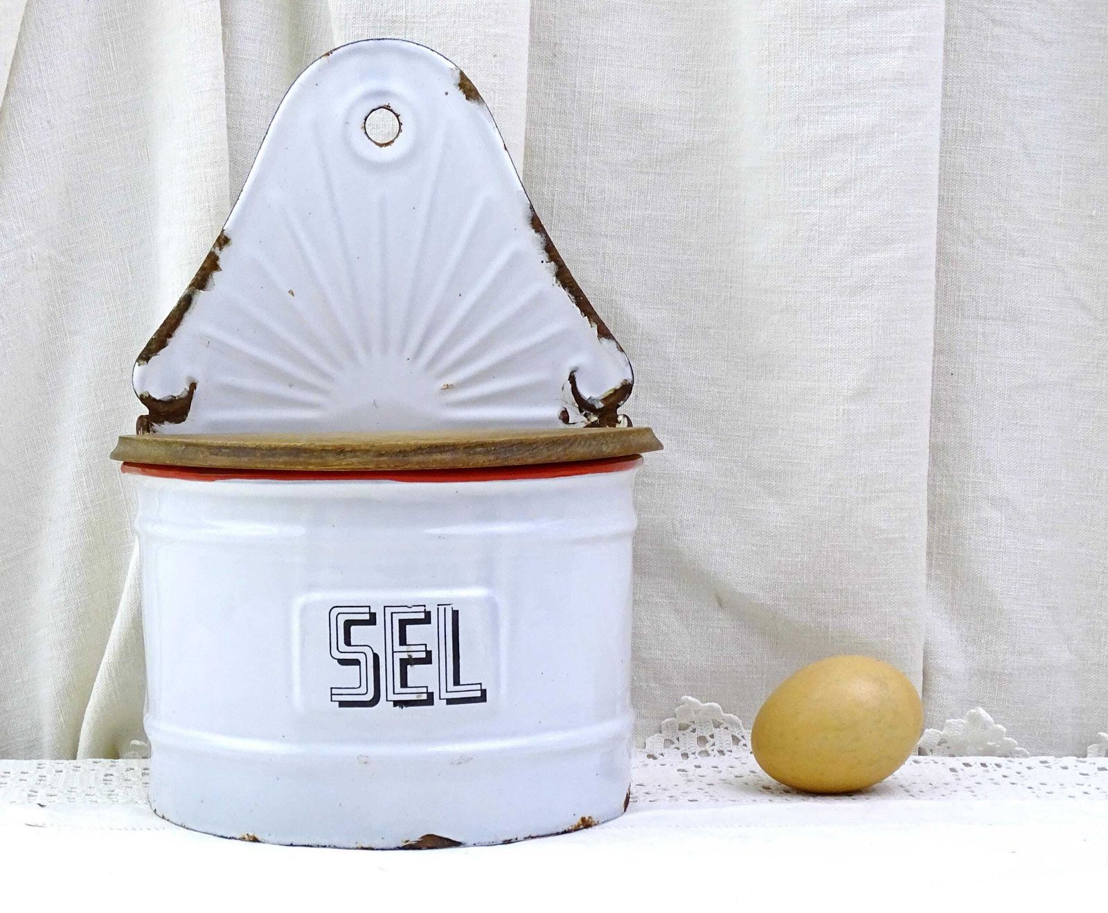 Antique White Enamel Wall Mounted Salt Box With Wooden Lid Black Lettering Sel, Vintage Country Cottage Farmhouse Kitchen Decor From France photo furniture