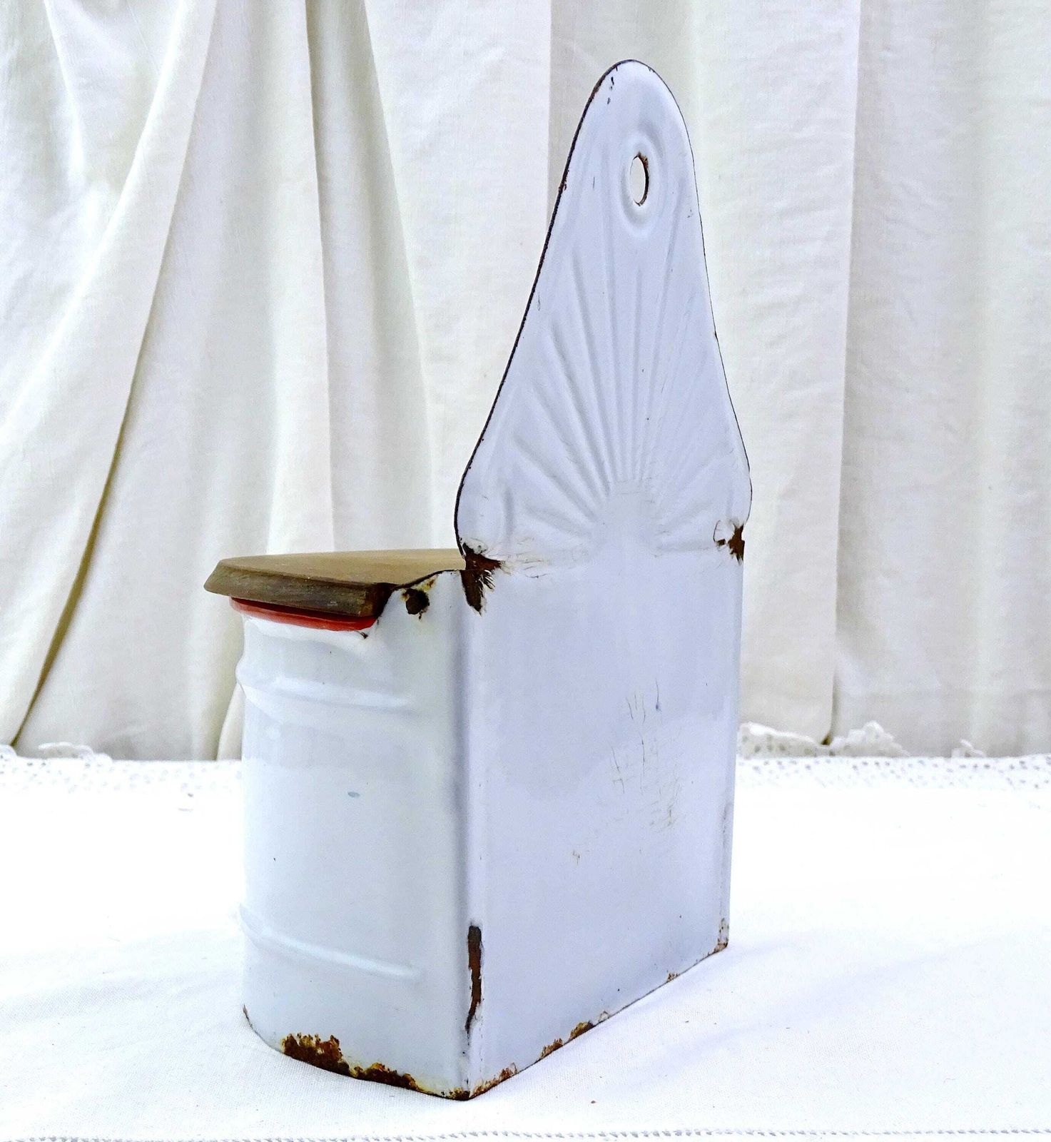 Antique White Enamel Wall Mounted Salt Box With Wooden Lid Black Lettering Sel, Vintage Country Cottage Farmhouse Kitchen Decor From France photo Art