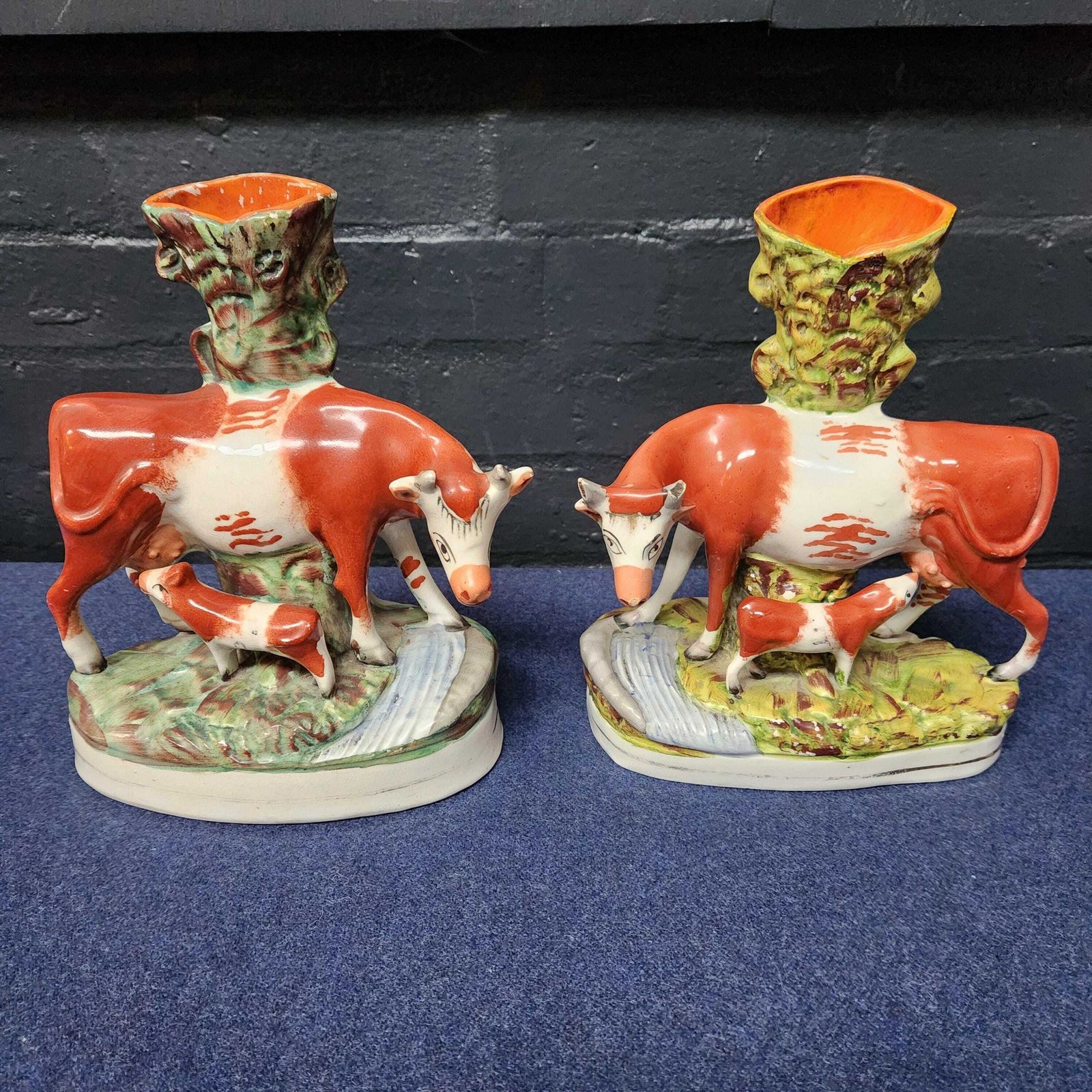 Pair Spill Vases, Victorian Staffordshire Flat Back Cow's With Calf