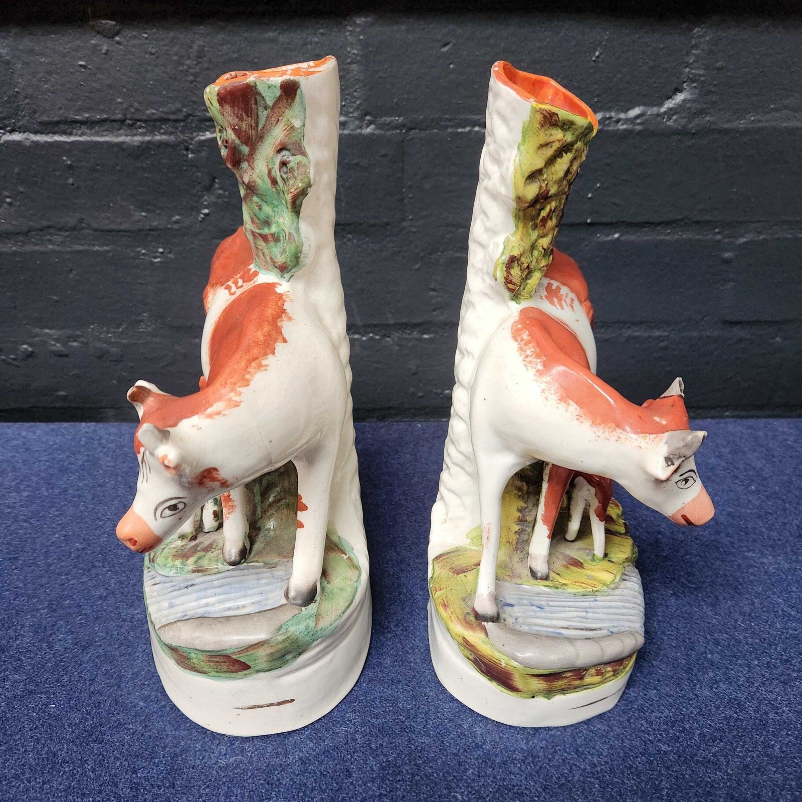 Pair Spill Vases, Victorian Staffordshire Flat Back Cow's With Calf photo for sale