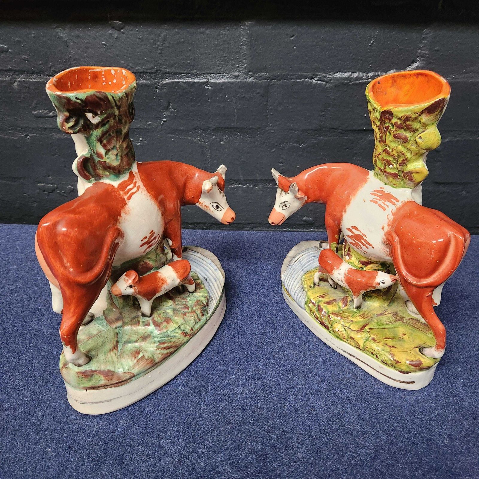 Pair Spill Vases, Victorian Staffordshire Flat Back Cow's With Calf photo vinterior
