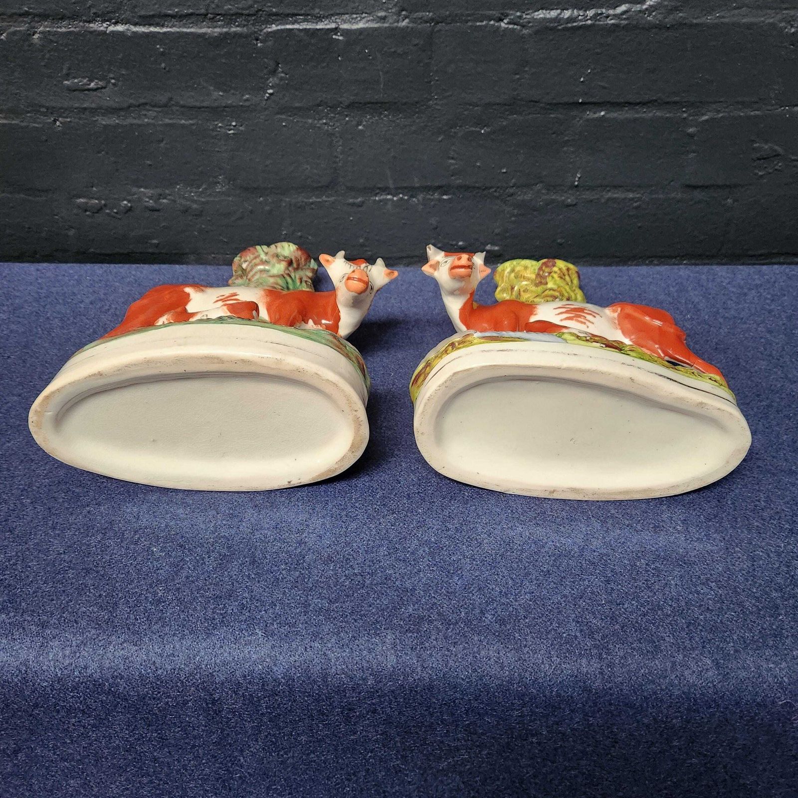 photo for sale Pair Spill Vases, Victorian Staffordshire Flat Back Cow's With Calf
