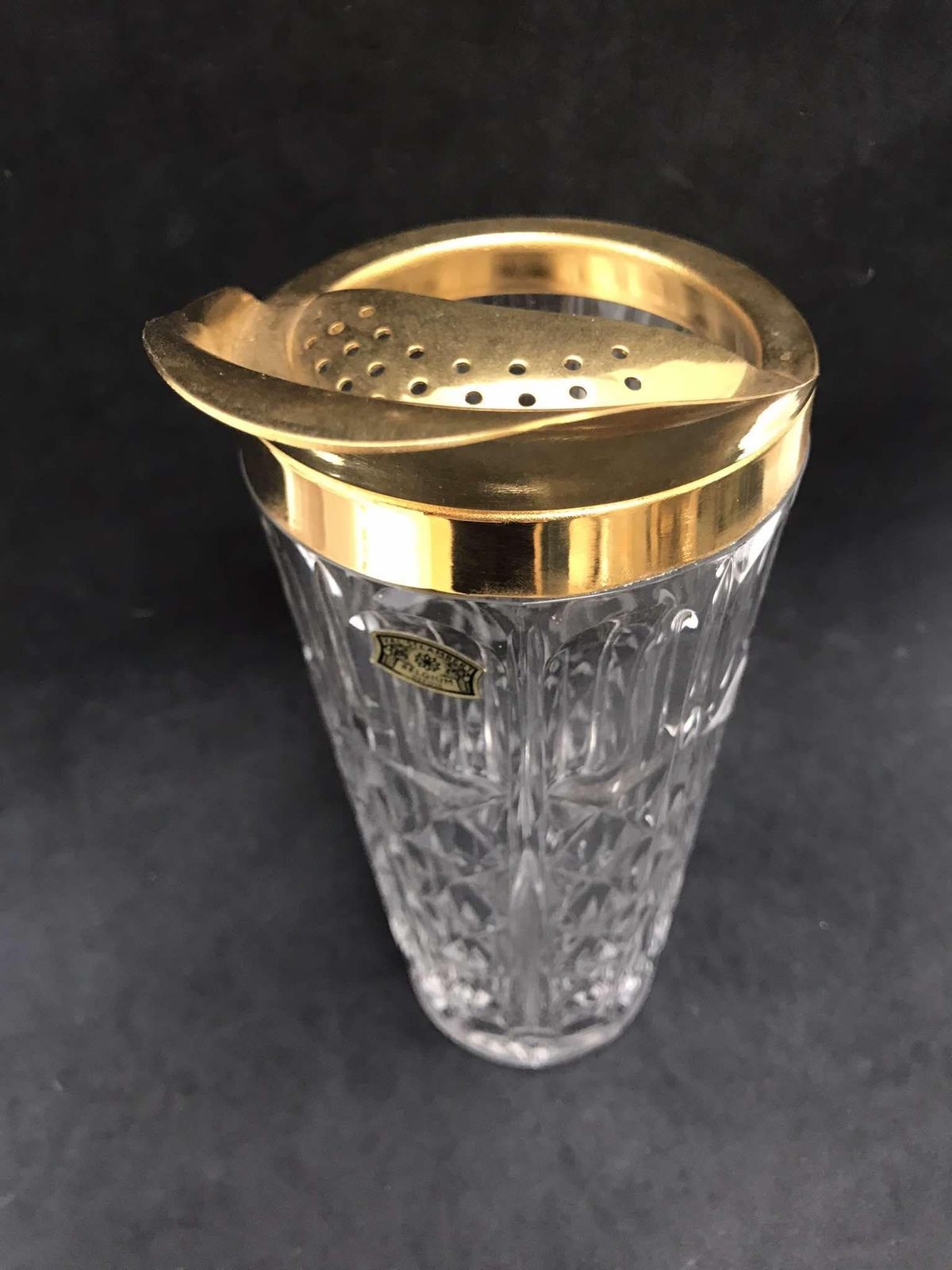 photo for sale Crystal Pitcher Cocktail Val Saint Lambert Signed Heavy Crystal Golden Rim Mid Century Barware Mixology Tools Bar Cart Hollywood Regency
