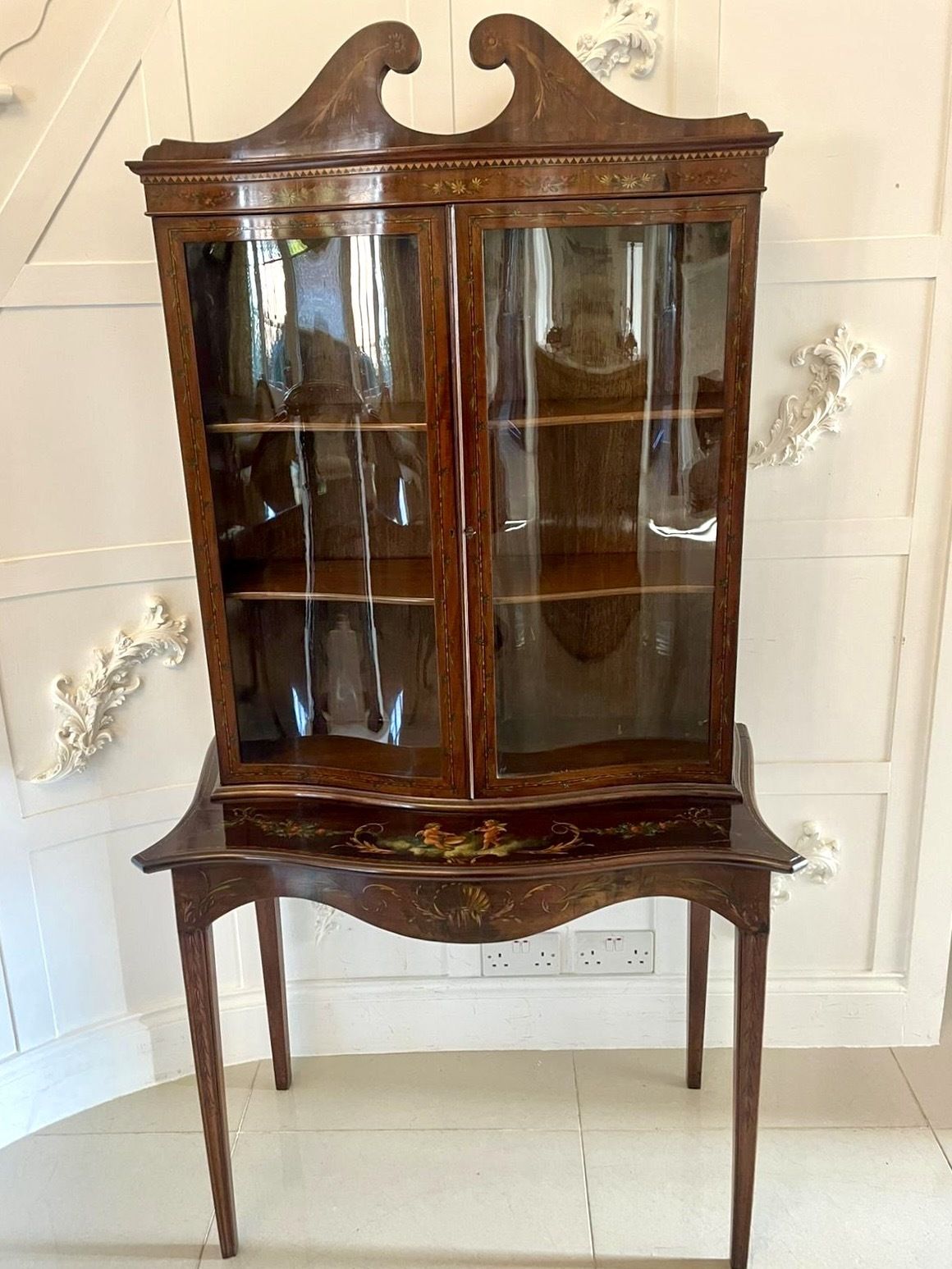 Antique 19th Century Quality Mahogany Display Cabinet With Original Painted Decoration