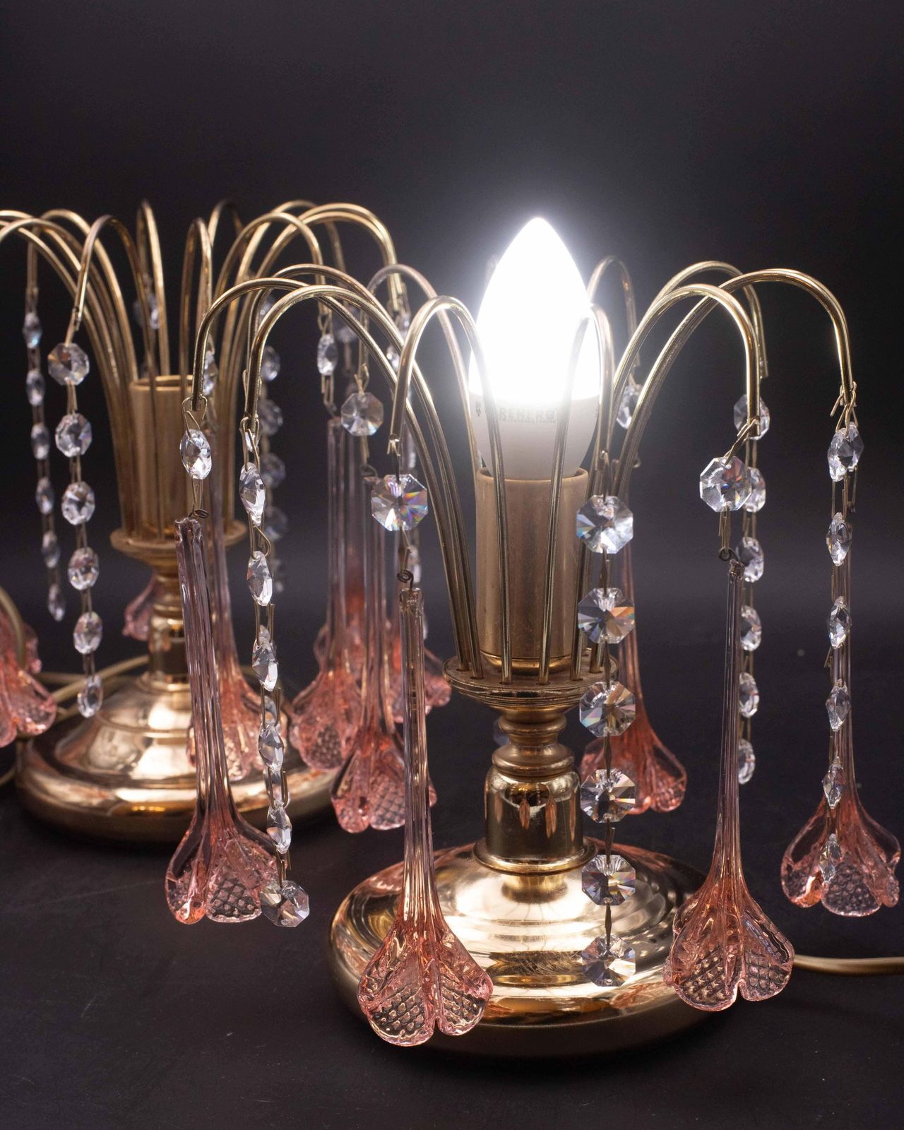 Lighting Set Of 2 Brigitte Bardot, Pink Drops Crystal And Murano Glass Table Lamp, 1980s photo