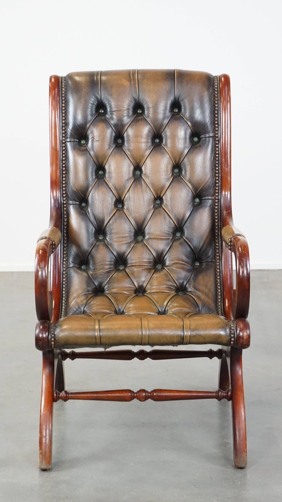 Graceful And Characterful Green Vintage Cowhide English Chesterfield Armchair Combined With Wood photo furniture