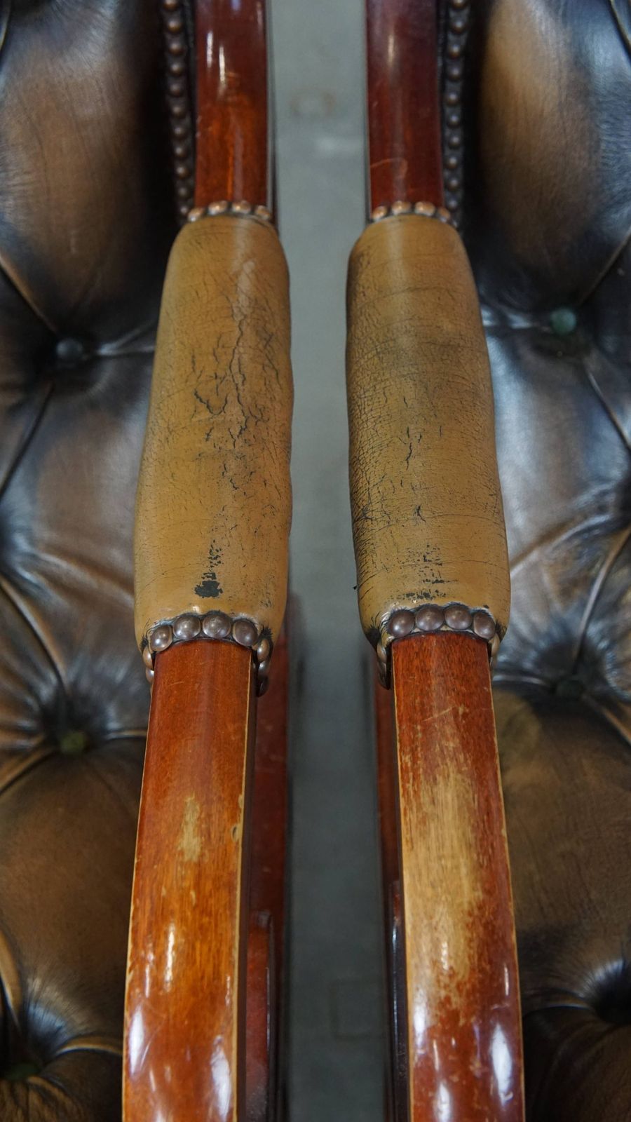 Set Of 2 Elegant And Characterful Green Vintage Cowhide English Chesterfield Armchairs Combined With Wood photo vintage