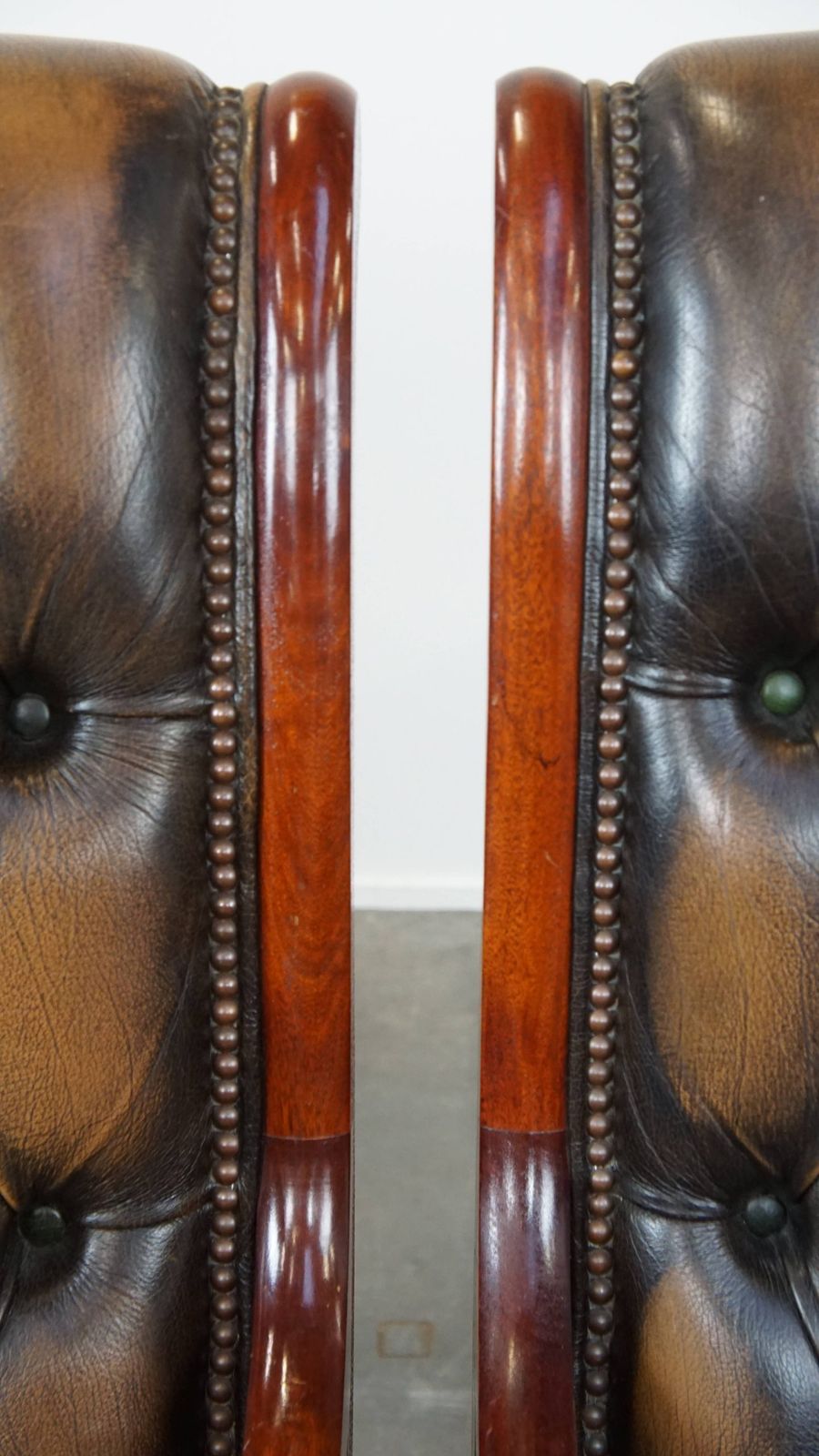 Furniture Set Of 2 Elegant And Characterful Green Vintage Cowhide English Chesterfield Armchairs Combined With Wood photo