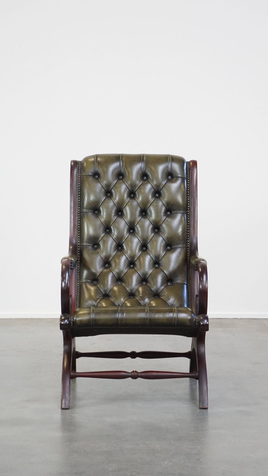 Nice Green Cow Leather Chesterfield Armchair With An Elegant Design And Combined With Wood photo furniture
