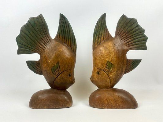 Vintage 20th Century Wooden Carved Fish Bookends, 1960s, Set Of 2