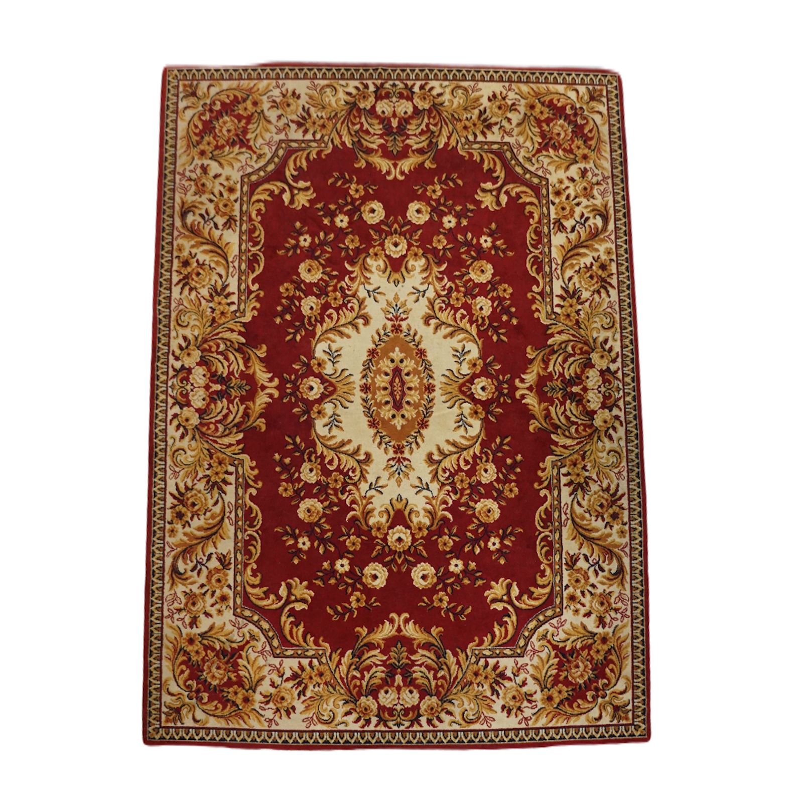 Rood Oosters Wollen Vloerkleed Met Gele Bloemen, 285x200 Cm