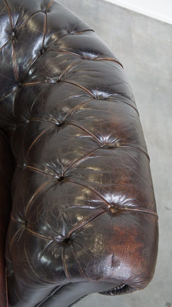 Old Dark Brown 3 Seater Cowhide Chesterfield Sofa With Lots Of Character photo vintage