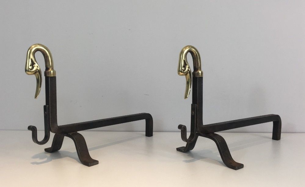 In The Style Of Maison Jansen. Pair Of Iron And Brass Andirons With Duck Heads. photo furniture