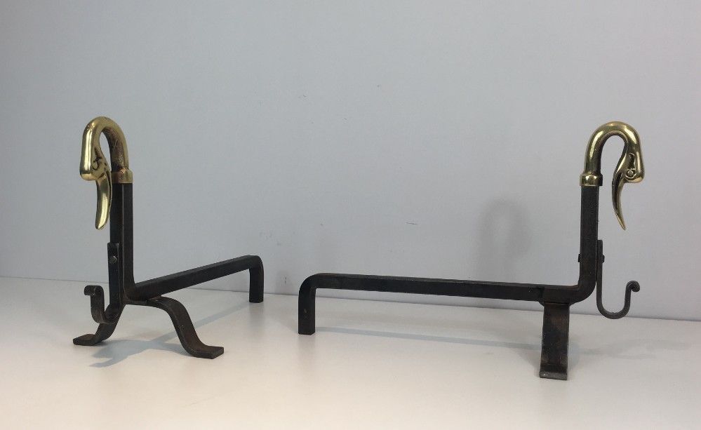 In The Style Of Maison Jansen. Pair Of Iron And Brass Andirons With Duck Heads. photo 1250.0