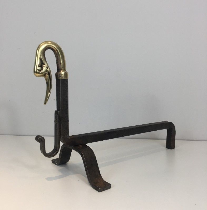 In The Style Of Maison Jansen. Pair Of Iron And Brass Andirons With Duck Heads. photo vinterior