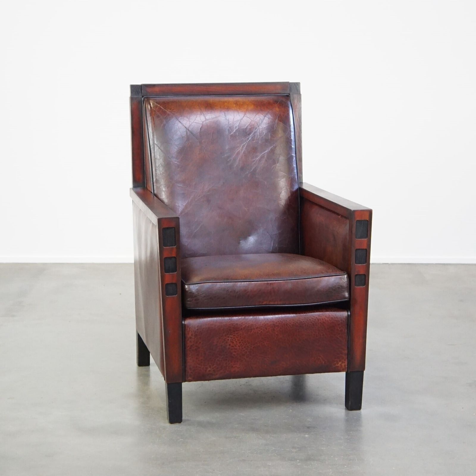 Sheepskin Art Deco Design Armchair Combined With Wood And A Beautiful Patina