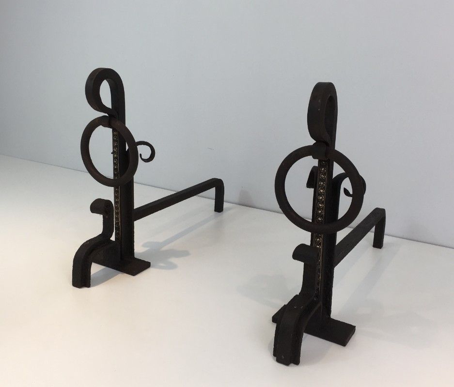 Pair Of Arts & Crafts Wrought Iron And Brass Andirons.