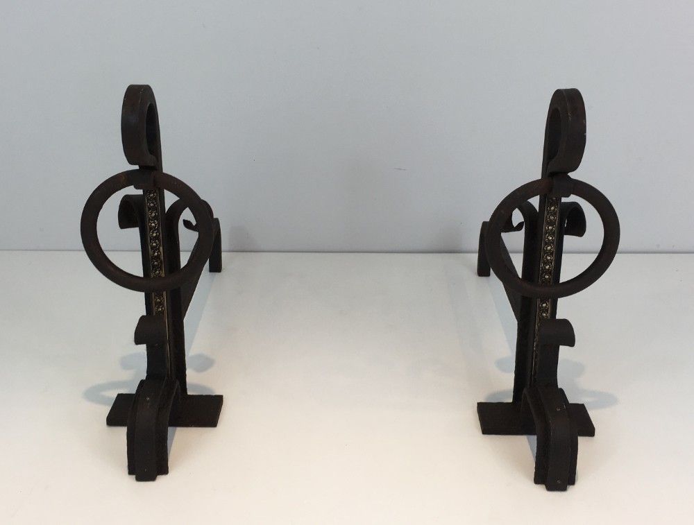 Pair Of Arts & Crafts Wrought Iron And Brass Andirons. photo vinterior