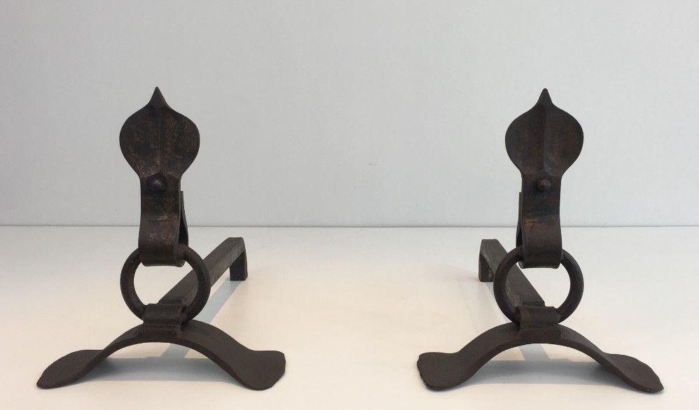 Pair Of Modernist Wrought Iron Andirons. photo for sale