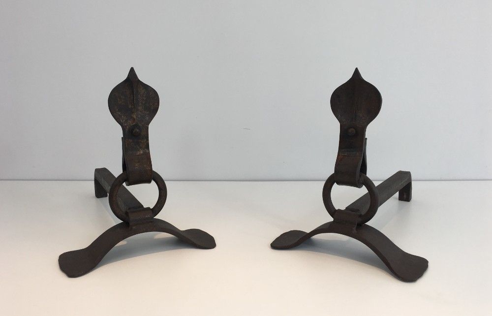 Pair Of Modernist Wrought Iron Andirons. photo Home Fixtures