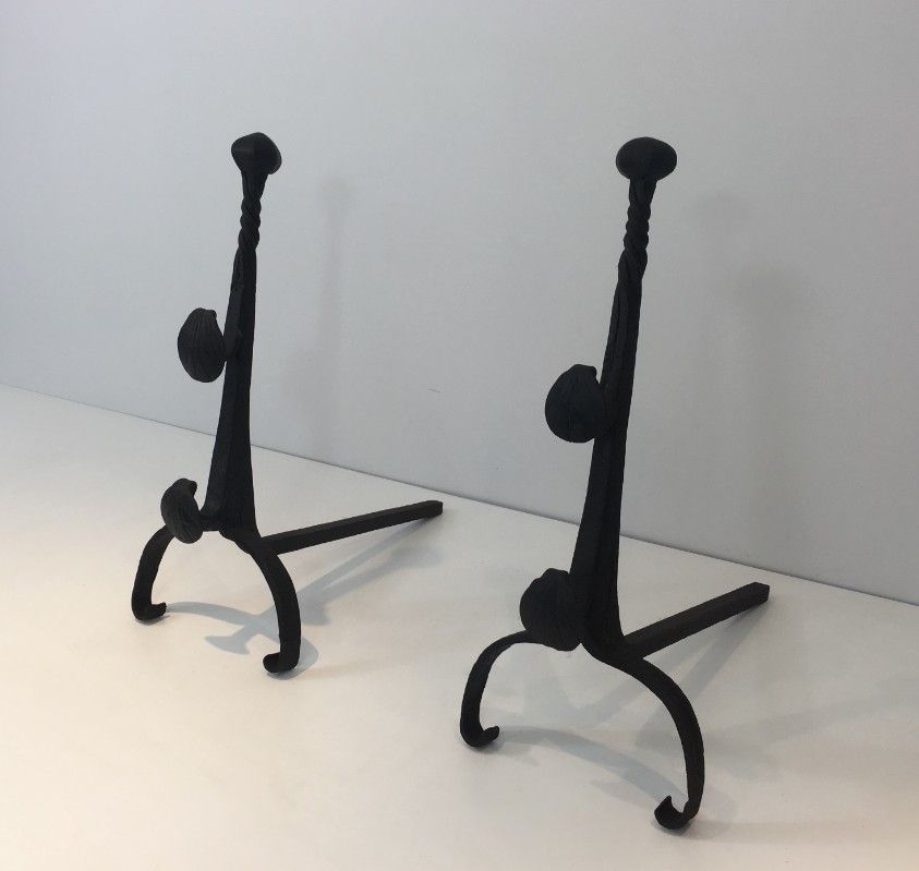 Pair Of Wrought Iron Andirons With Double Bars. French. photo Home Fixtures