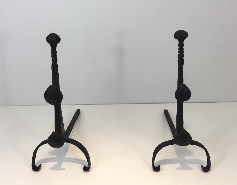 Pair Of Wrought Iron Andirons With Double Bars. French. photo vinterior