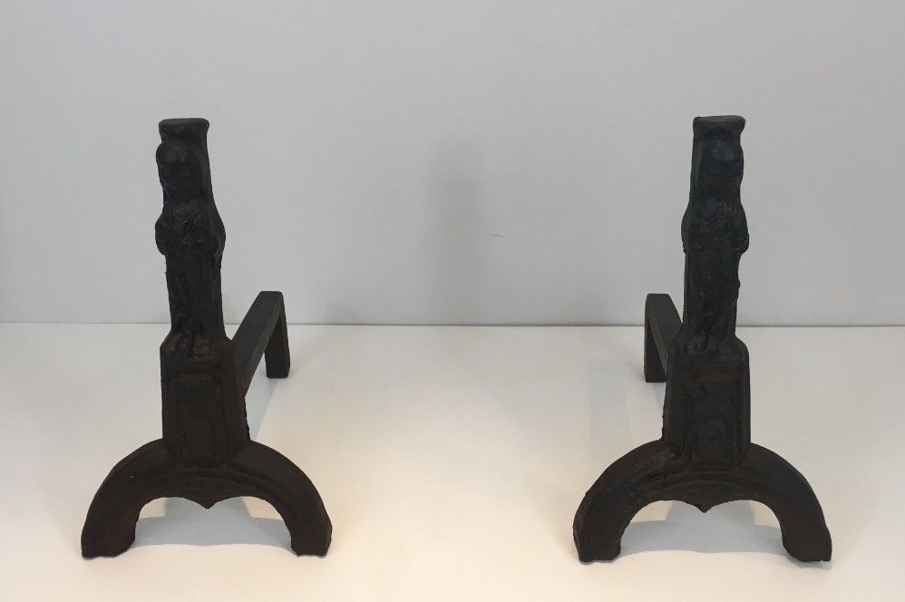 Pair Of Cast Iron Andirons Representing An Evangelist. photo for sale