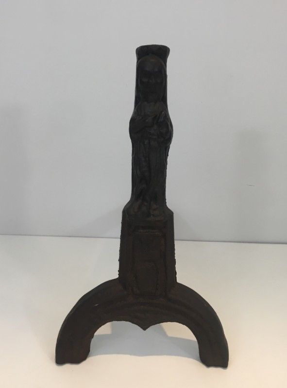 Pair Of Cast Iron Andirons Representing An Evangelist. photo vinterior