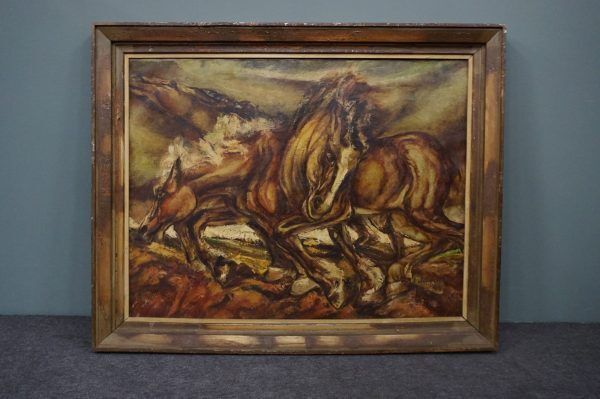 Very Large And Impressive Painting Of Horses, Oil Painting photo furniture