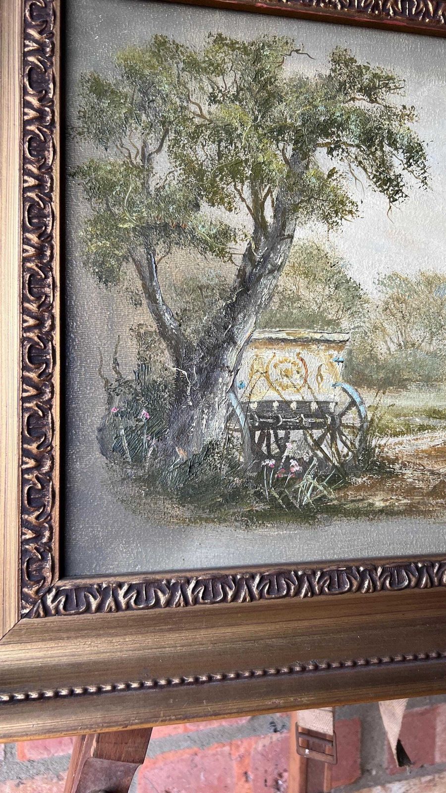 Framed Mid Century Oil Painting – Rural Landscape Scene photo Art