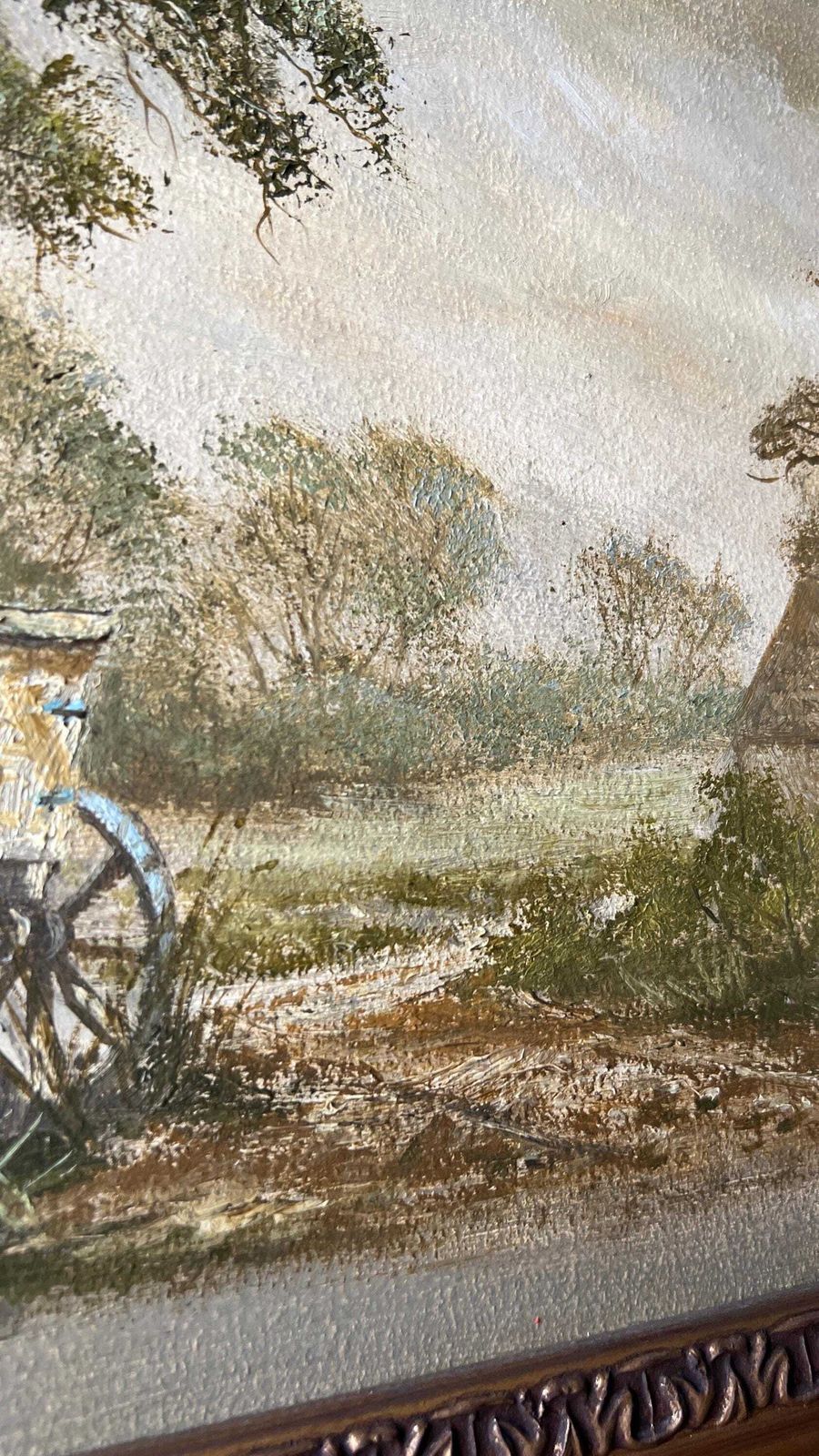 Framed Mid Century Oil Painting – Rural Landscape Scene photo vintage