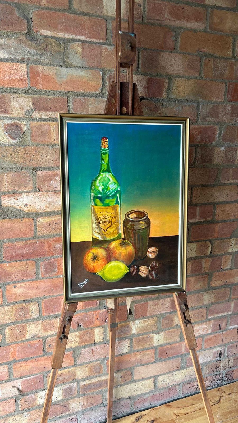 Framed Still Life Oil Painting By Pauline Doherty – Wine Bottle And Fruit