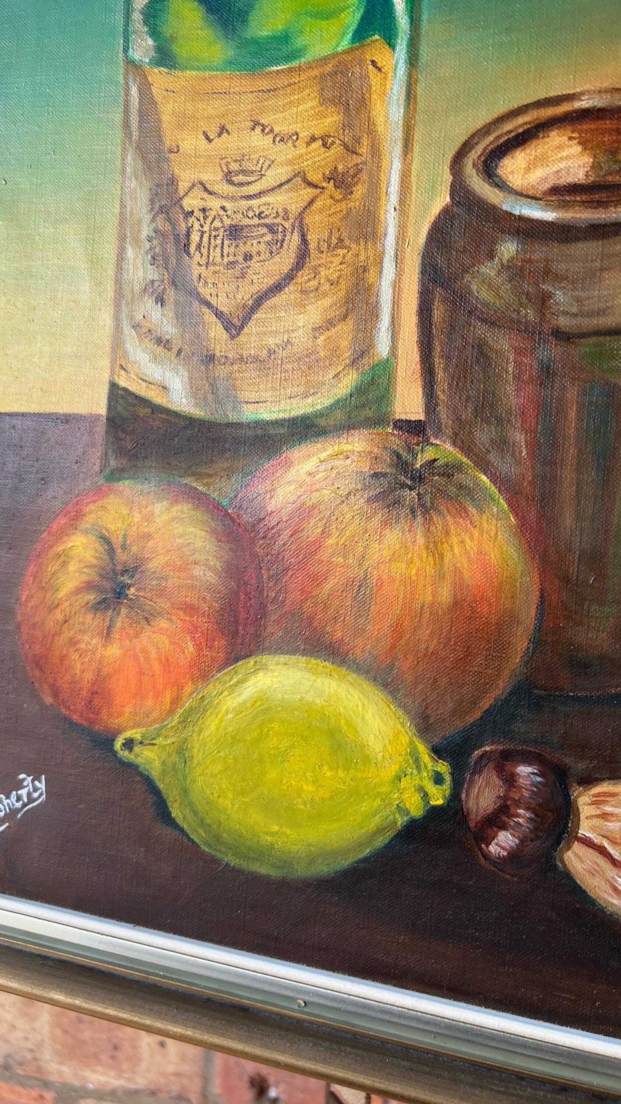 Framed Still Life Oil Painting By Pauline Doherty – Wine Bottle And Fruit photo vinterior