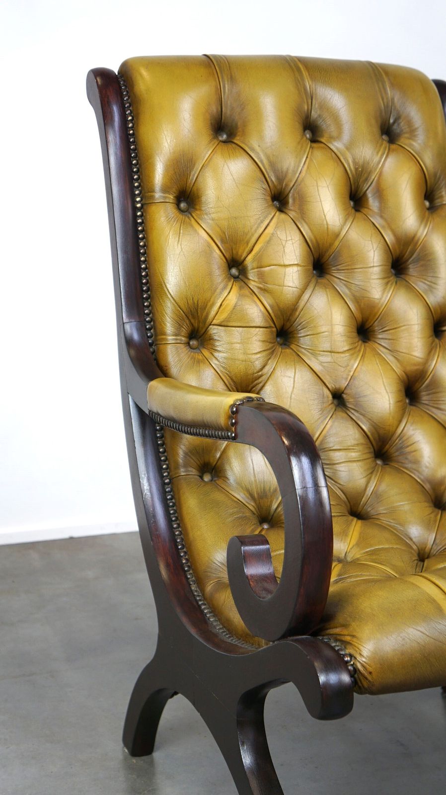 Furniture Elegant Cow Leather Chesterfield Armchair Combined With Wood photo