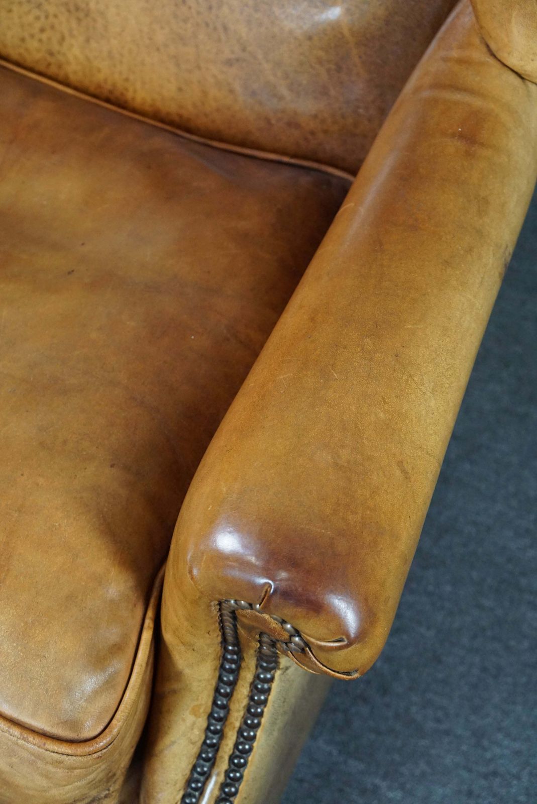 Expressive Cognac Colored Sheepskin Wing Chair photo vintage
