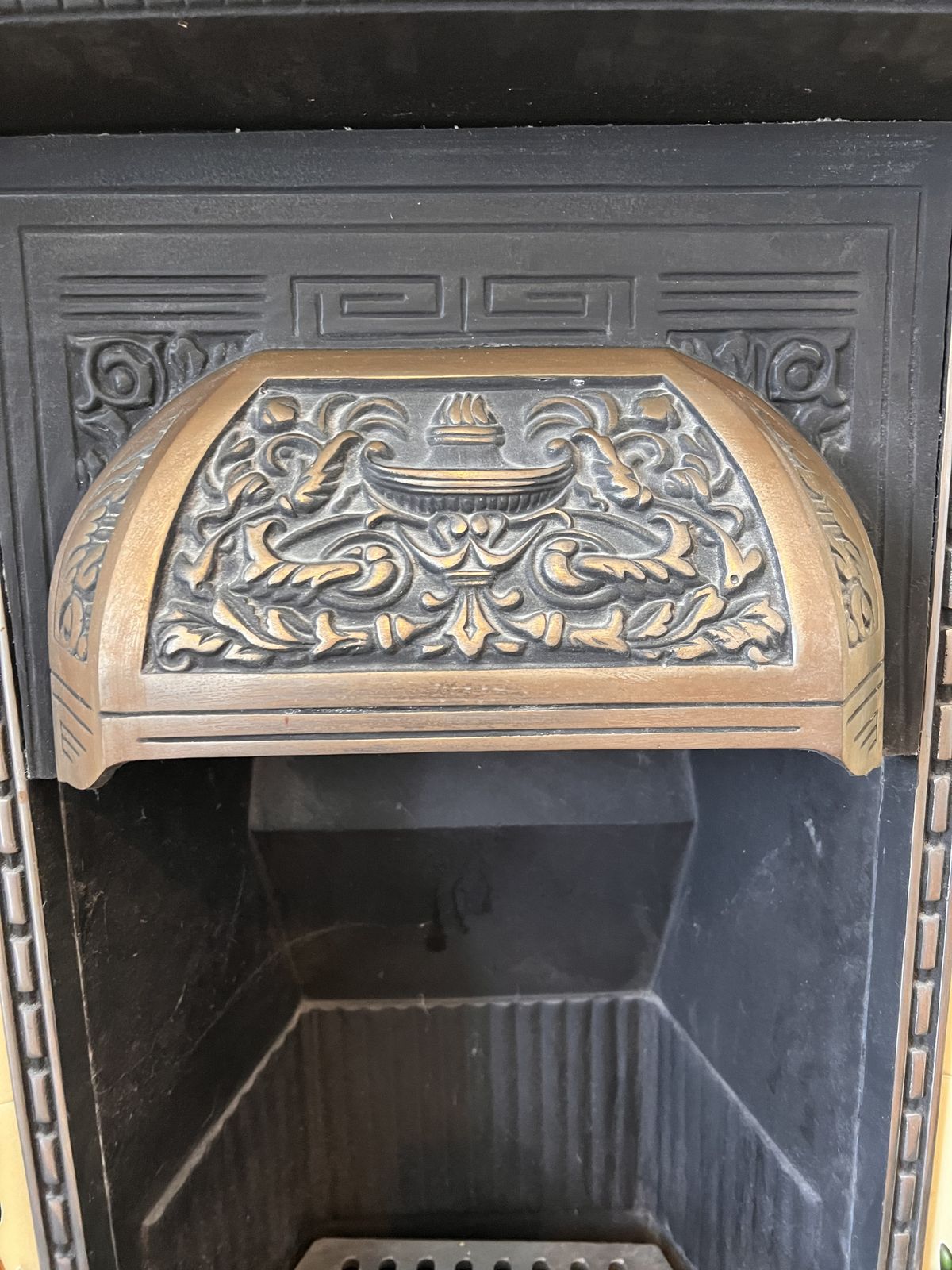 Art Nouveau Cast Iron Fireplace With Tiled Flower Decoration – Original 1930s Feature From Wanstead, London photo furniture