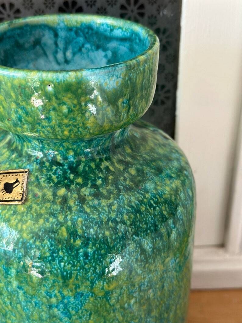 Hungarian Elegance: Hand Painted Ceramic Vase   Large, Green Glaze With Dappled Effect   Industrial Artistry For Stunning Floral Displays! photo Home Decor