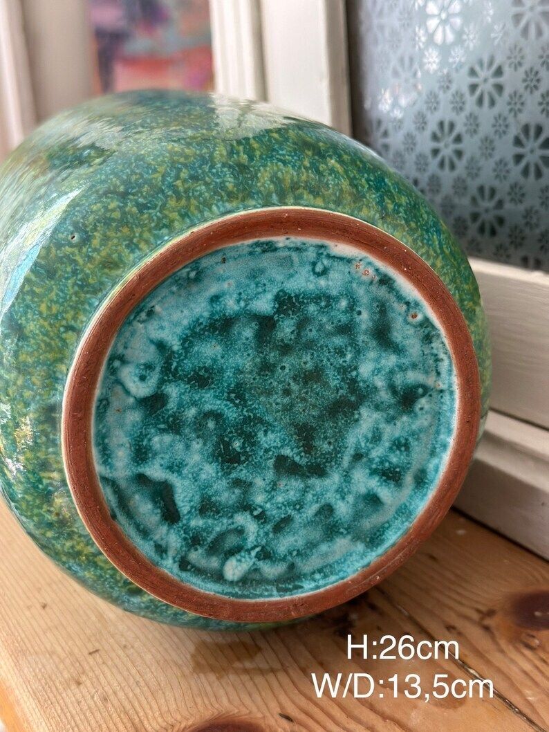 Hungarian Elegance: Hand Painted Ceramic Vase   Large, Green Glaze With Dappled Effect   Industrial Artistry For Stunning Floral Displays! photo 55.0