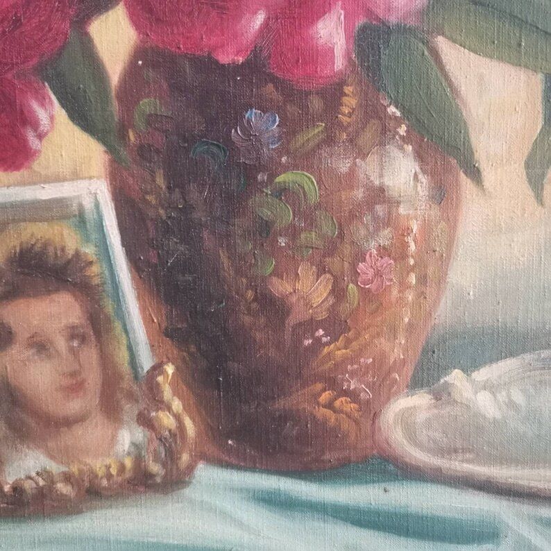 photo furniture Painting Beautiful Vivid Art Of Flowers In Vase Signed Acrylic On Canvas 1950. Shabby Gold Rocco Frame Rustic Very Decorative Professional