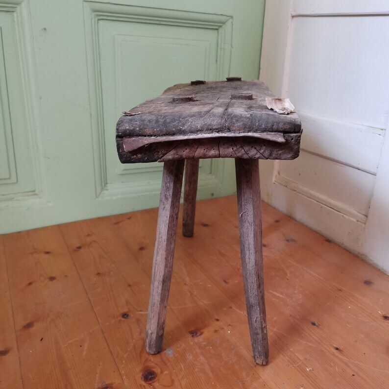 Traditional Vintage Central European Elm Wooden Milking Stool Or Step C1930s Table, Primitive Hand Made Antique Milk Seat. Gnarly Patina photo 115.0