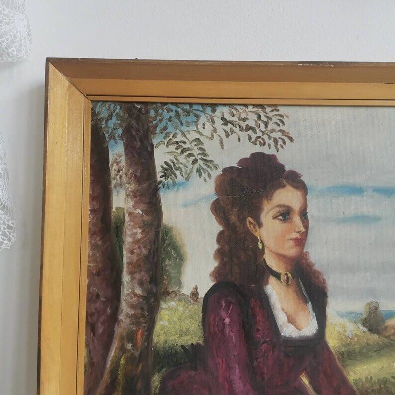 Painting Beautiful Soft Art Of Lady In Violet In Field Of Flowers. Acrylic On Canvas Portrait C1940s Copy Of Pal Szinyei Merse photo furniture