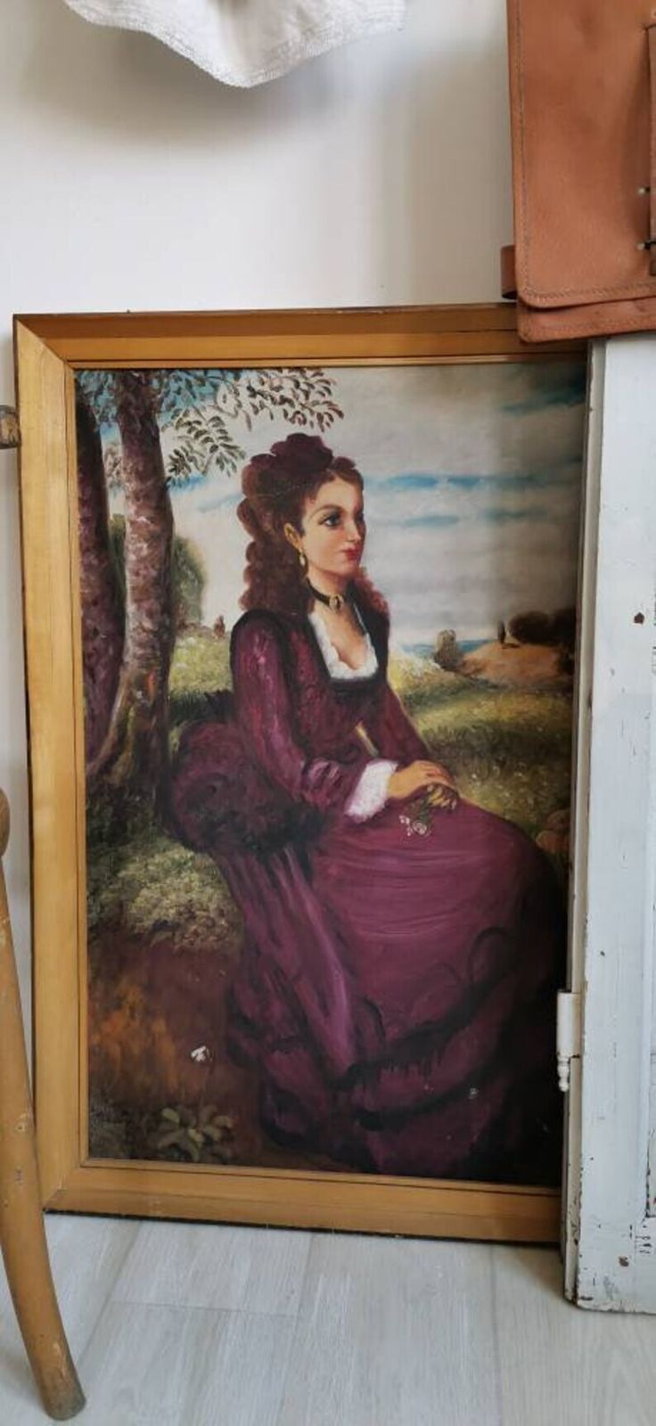Painting Beautiful Soft Art Of Lady In Violet In Field Of Flowers. Acrylic On Canvas Portrait C1940s Copy Of Pal Szinyei Merse photo for sale