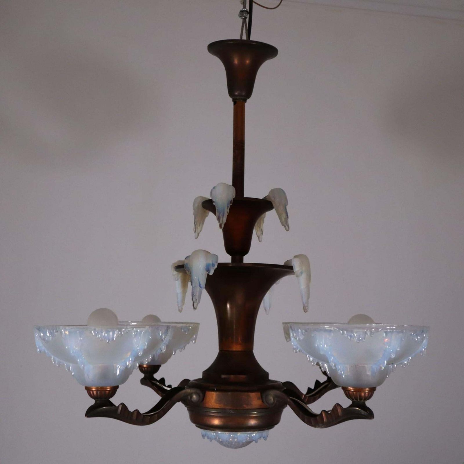 Art Deco French Frosted Opalescent Glass Copper Chandelier By Ezan, 1930s photo furniture