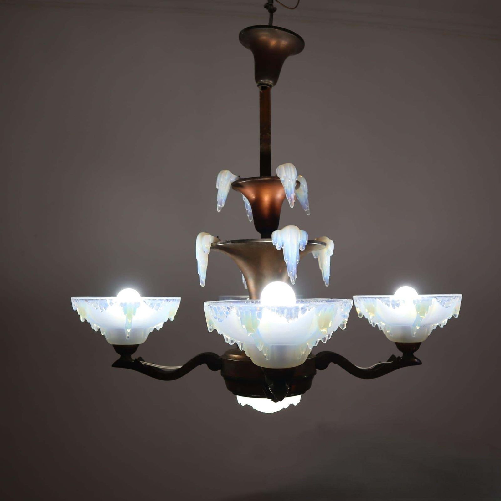 Art Deco French Frosted Opalescent Glass Copper Chandelier By Ezan, 1930s photo Lighting