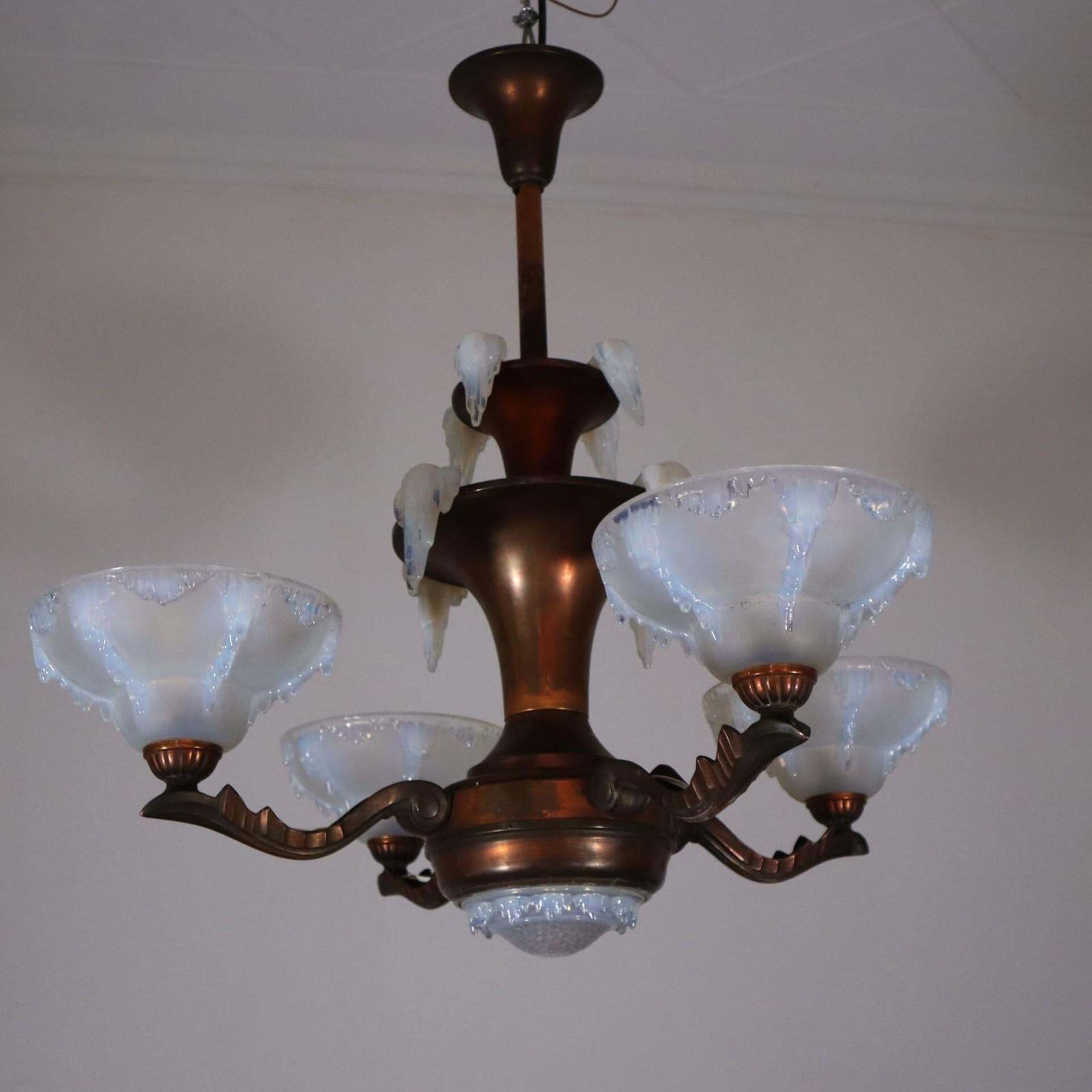 Art Deco French Frosted Opalescent Glass Copper Chandelier By Ezan, 1930s photo 1856.0