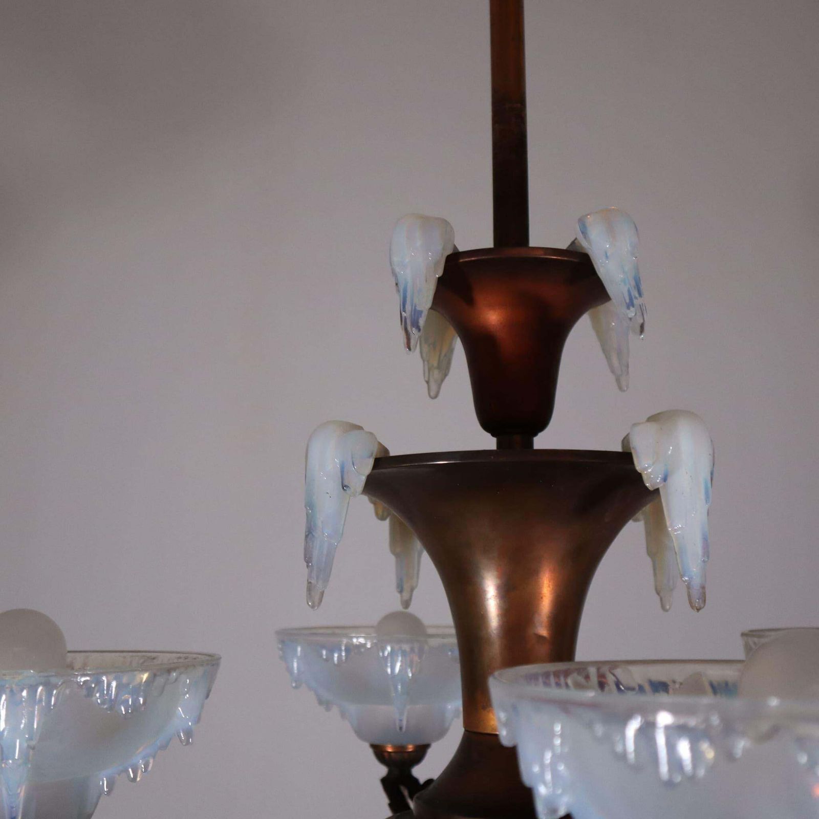 Art Deco French Frosted Opalescent Glass Copper Chandelier By Ezan, 1930s photo vintage