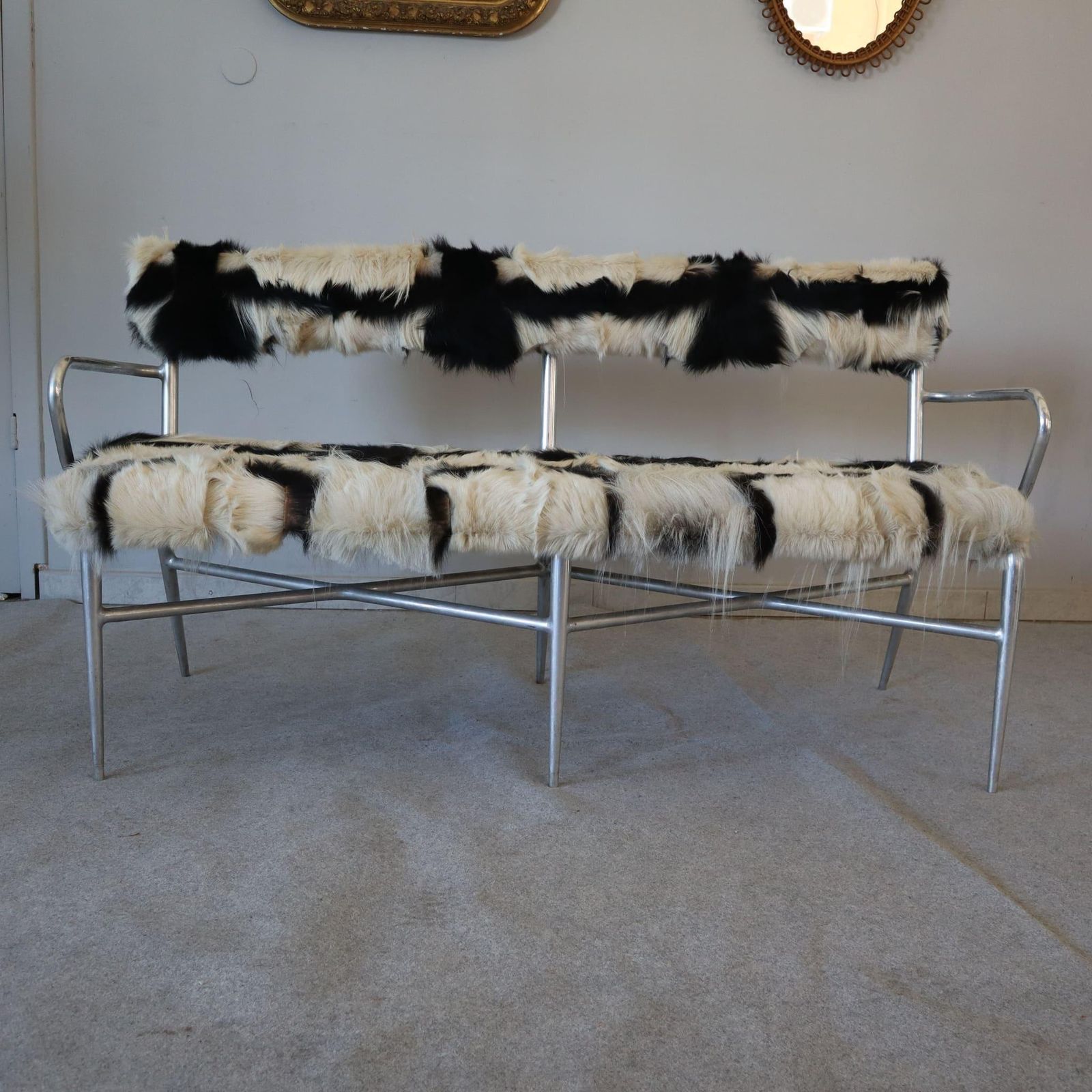 Industrial Metal And Cowhide Bench, Italy, 1950s photo Furniture