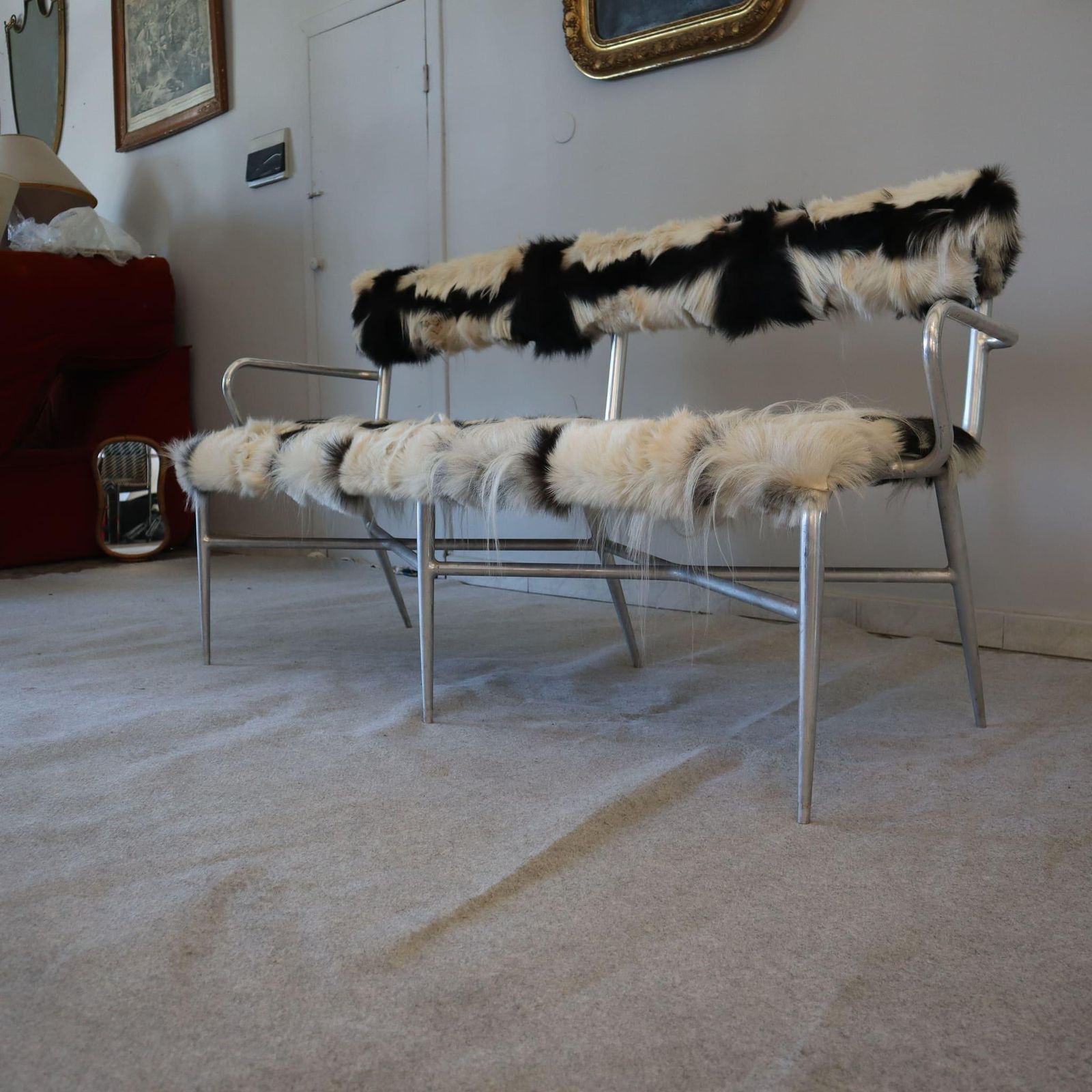 Industrial Metal And Cowhide Bench, Italy, 1950s photo 670.0