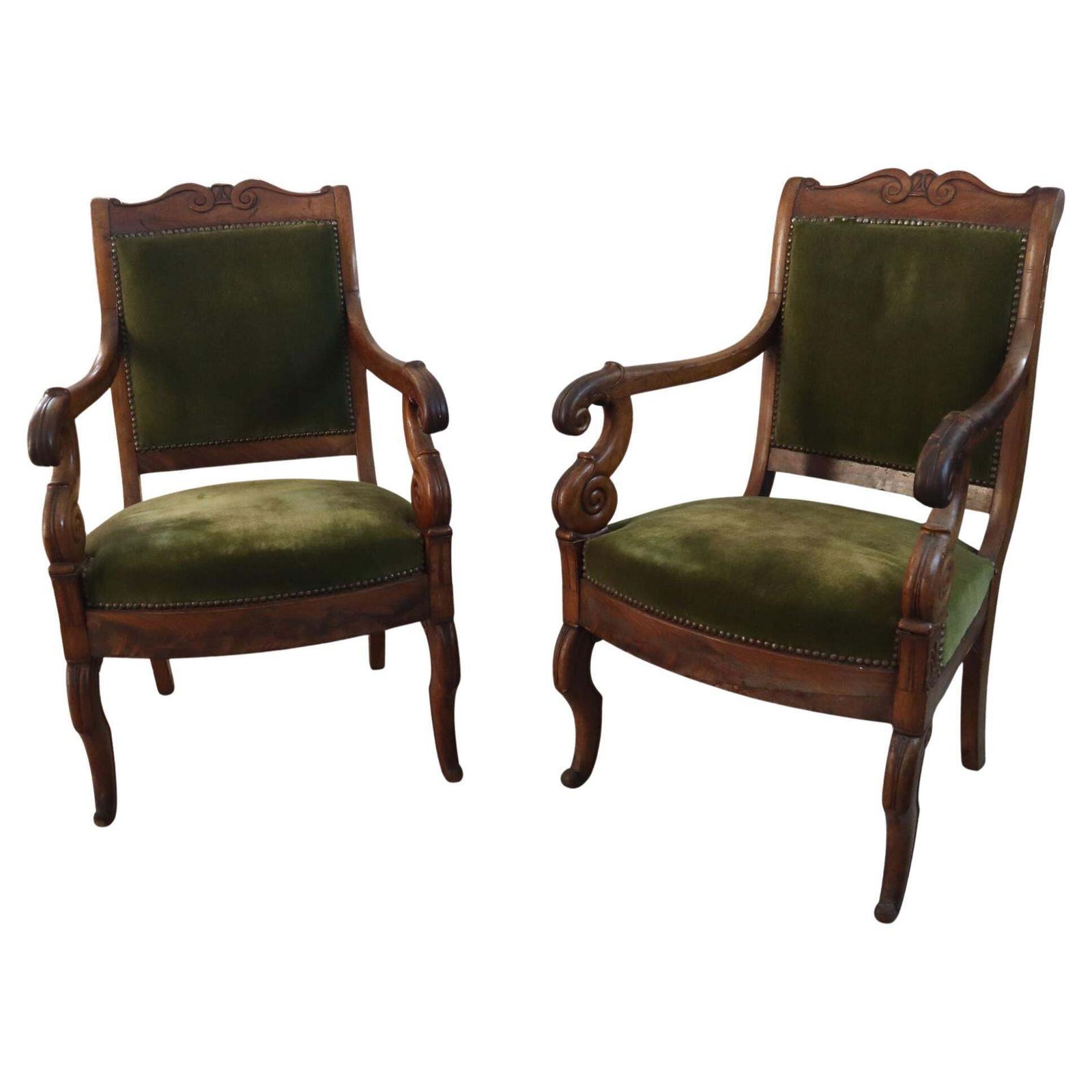 Pair Of French Antiques Armchairs In Walnut And Green Fabric 19th Century